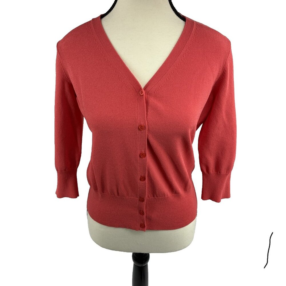 Ann Taylor Womens Cardigan Sweater Coral V Neck Button Front Lightweight Size S